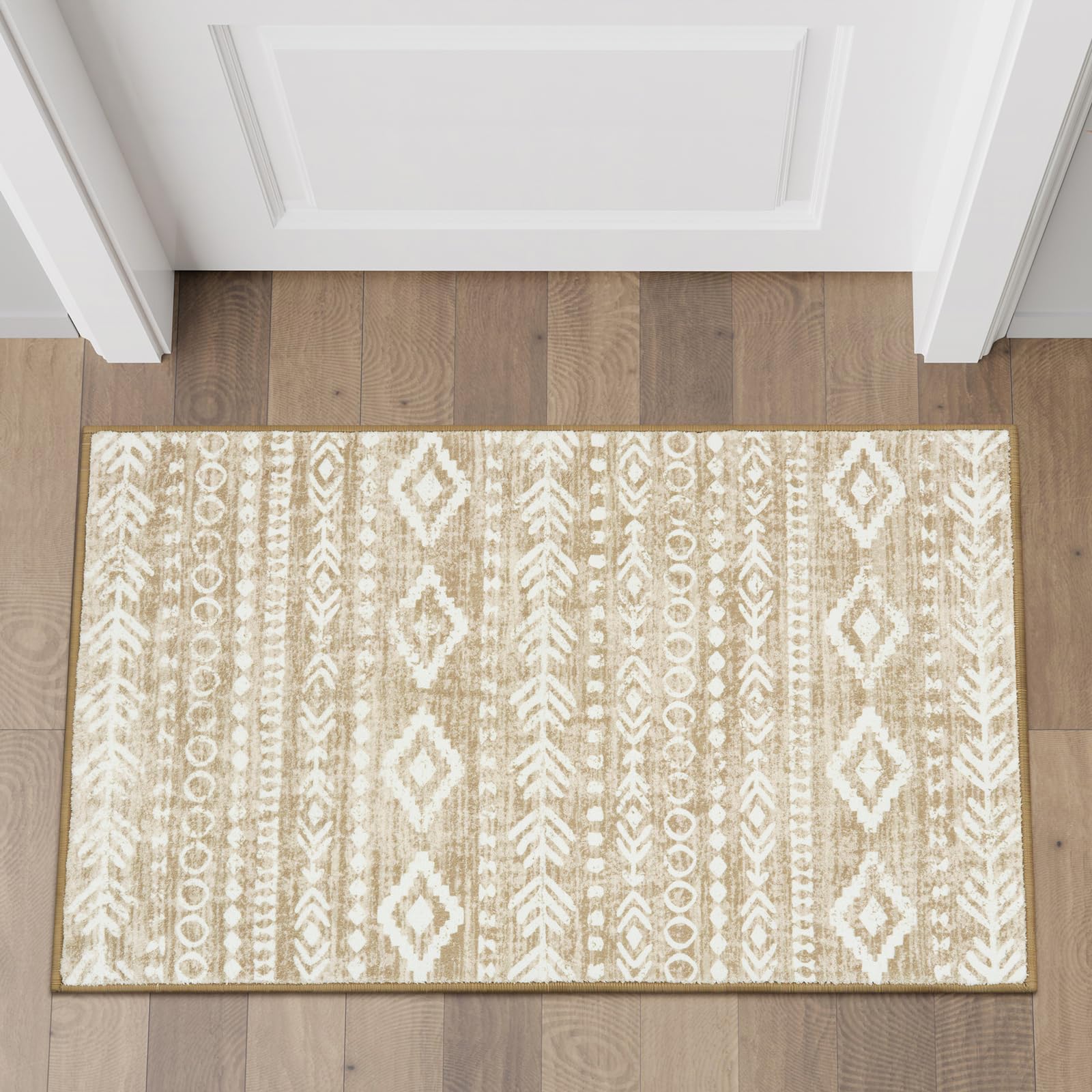 Photo 1 of Lahome Boho Geometric Bathroom Rug, Low-Pile Washable Tan 2x3 Entryway Fall Rugs Non Slip Throw Carpet with Rubber Backing, Rustic Print Pattern Small Area Mats Indoor Door Mat for Bedroom Entry