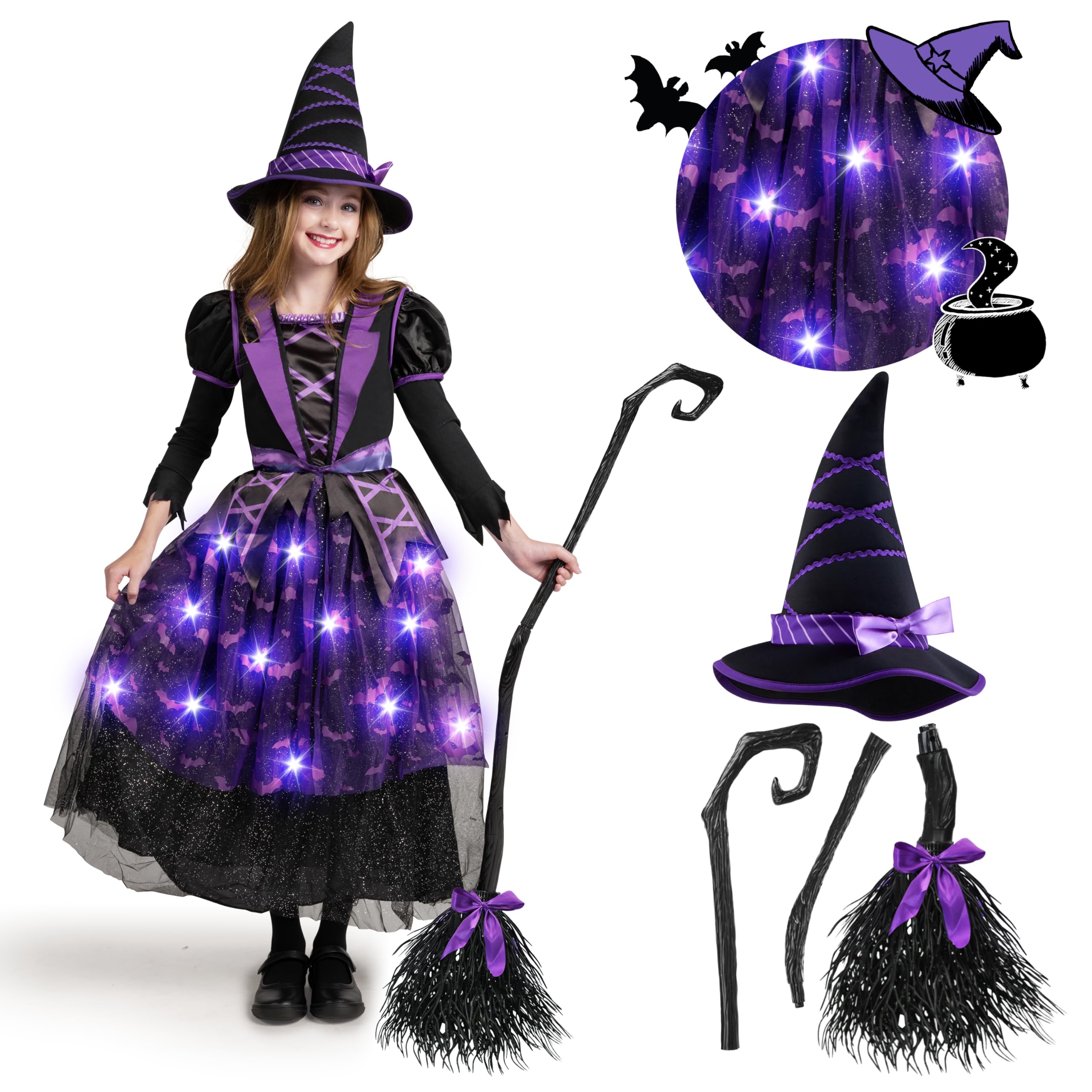 Photo 1 of Spooktacular Creations Halloween Witch Costume Kids, Light Up Witch Dress with Hat and Broom for Girls, Toddlers Bat Outfit Set for Halloween Costumes Role Play Parties, Purple (Small(5-7 yrs))