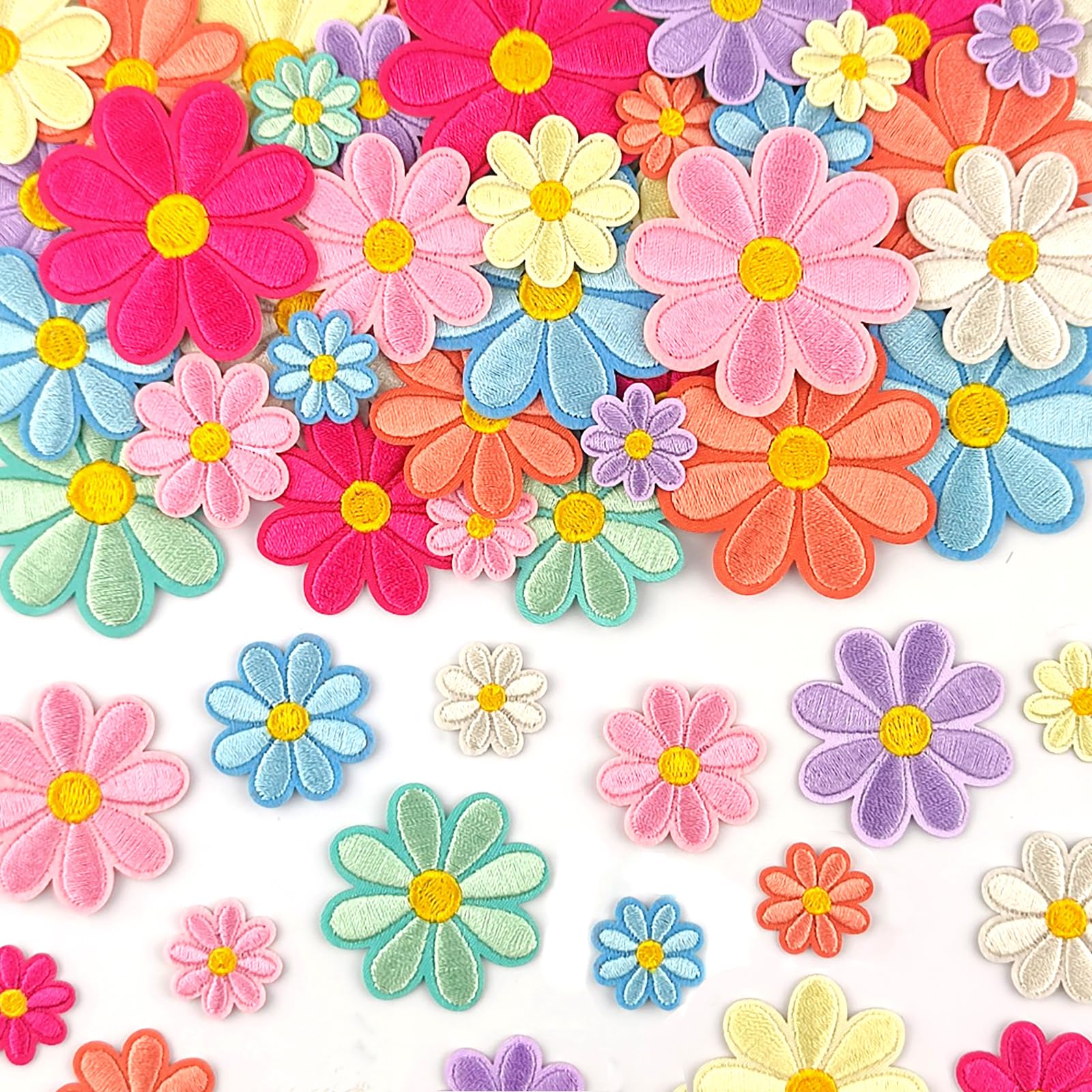 Photo 1 of 32Pcs 4 Sizes Daisy Flower Iron on Patches Cute Daisy Floral Embroidery Applique Patch for Hats Clothes Jeans Jacket(Multicolor)