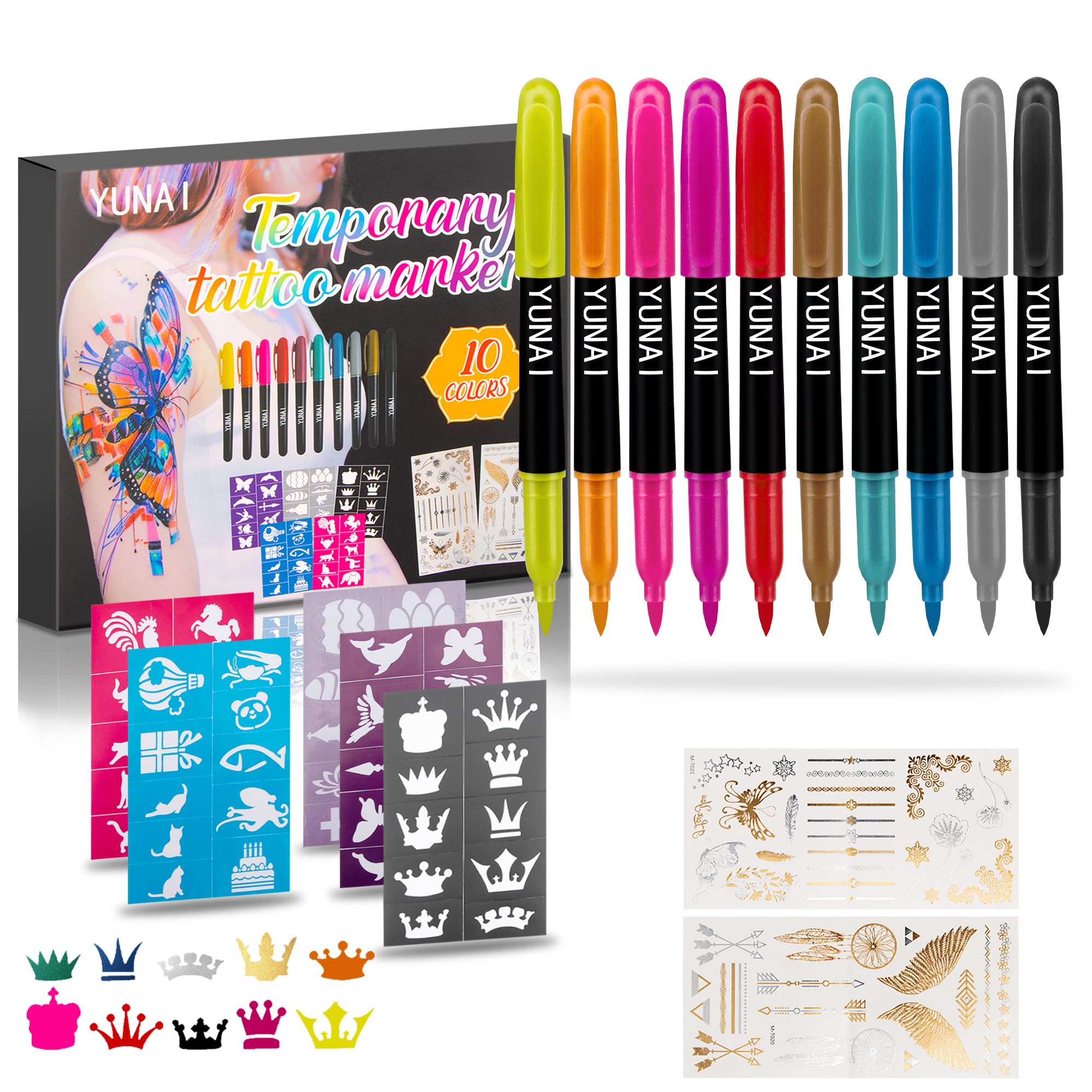 YUNAI Temporary Tattoos Markers for Skin, Tattoo Pen Kit with 10 Body Tattoos Pens 5 Tattoo Stencils 2 Tattoos Stickers for Adults, Fine Tip, Assorted Bright Colors