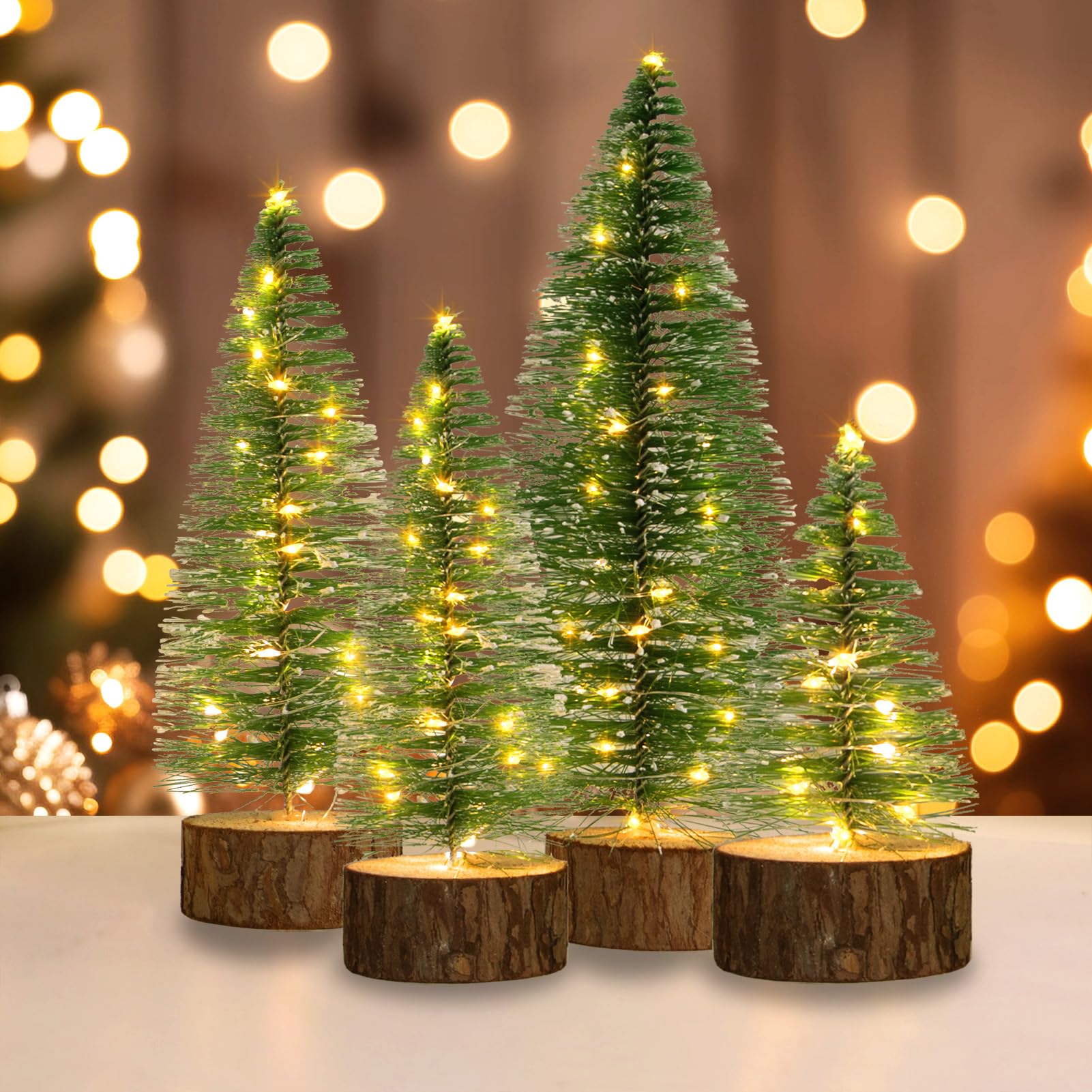 Photo 1 of 4 PCS Mini Christmas Trees, Artificial Bottle Brush Trees with 2 Modes Timer LED String Lights, Button Cell Battery Powered Desktop Small Pine Trees with Wooden Base for Home Xmas Decor (Warm White)