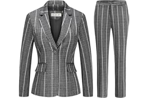 MODFUL Womens 2 Piece Plaid Suits Set Business Office One Button Blazer Jacket Casual Long Sleeve Pant Suit Set