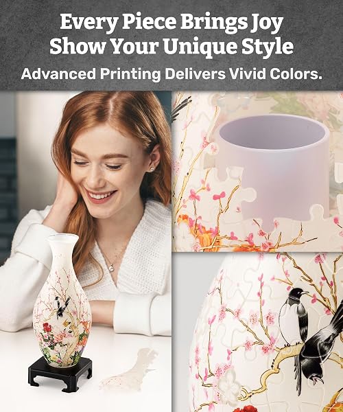 PINTOO 3D PUZZLE VASE UNIQUE FLOWER VASE MADE BY 160 CURVED PLASTIC PUZZLE PIECES HOUSE WARMING GIFT FOR FLOWER ARRANGEMENTS AND HOME DECORATION – [S1035] (TRANSLUCENT, FLOWERS AND BIRDS)