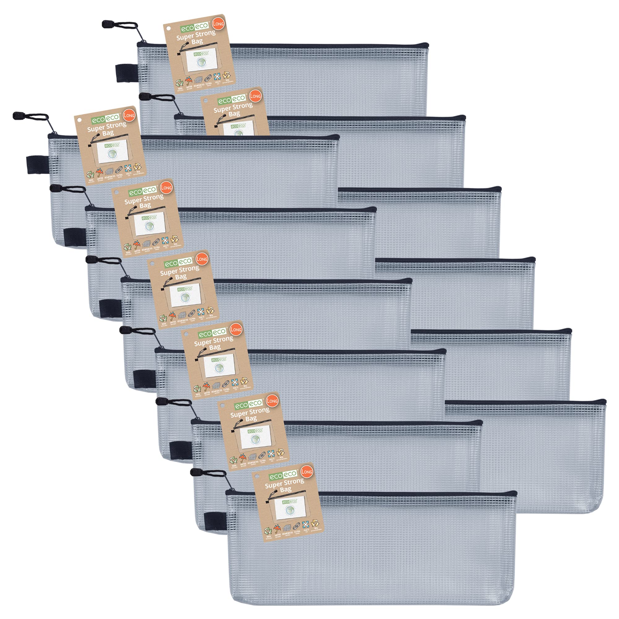 eco-eco Long 95% Recycled Super Strong Bag, Waterproof Mesh Tuff Bag, Reinforced Black Zip Closure Pencil Case 33x12.7cm, 13x8 inch, Pack of 12, eco123x12