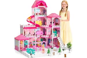 DOLOOWEE Dollhouses, Housetoys Furniture Pink Girl Toys, 4 Stories 10 Rooms Dreamhome with 2 Princesses Slide Accessories, Toddler Playhouse Gift for for 3 4 5 6 7 8 9 10 Year Old Girls Toys