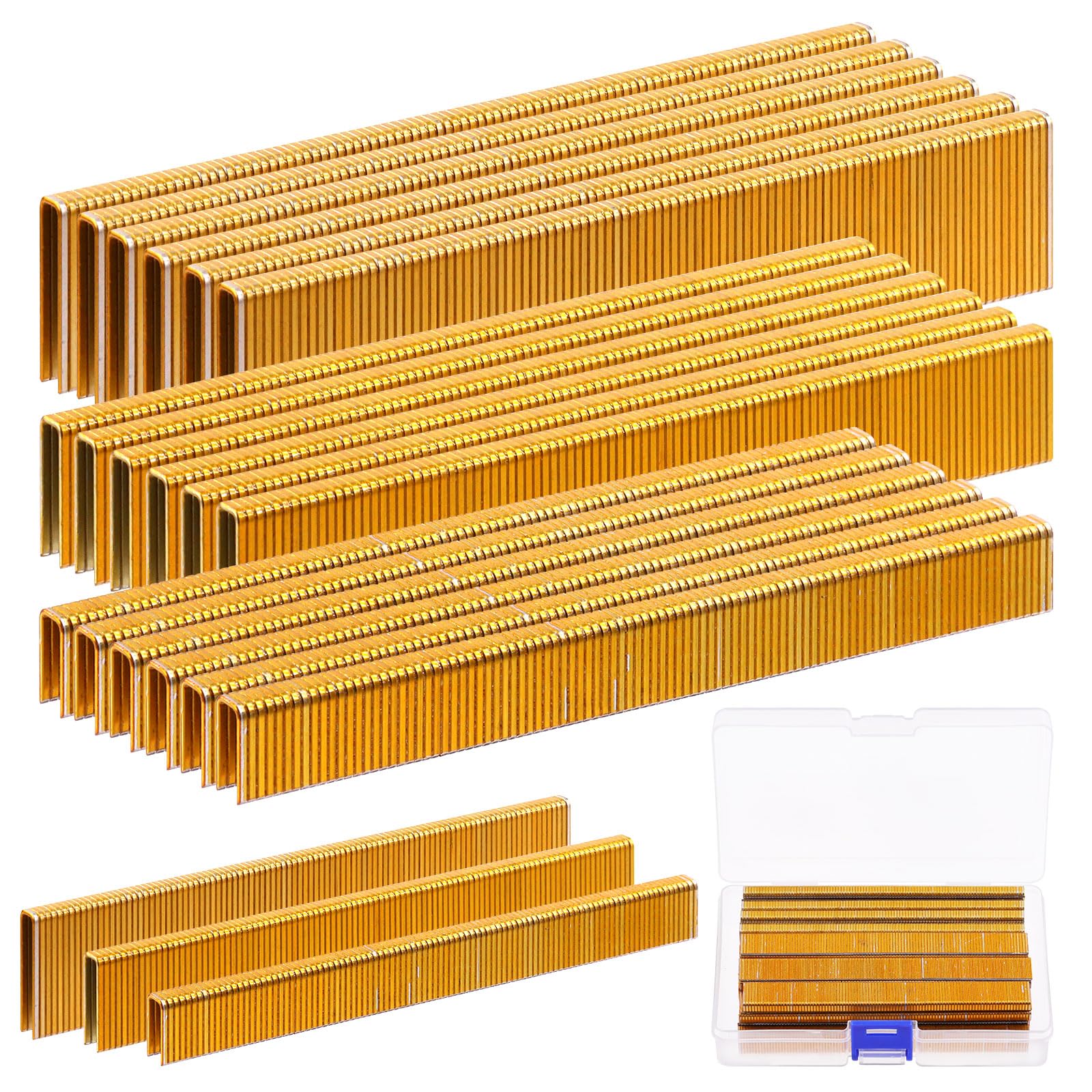 Glarks 2800Pcs 18 Gauge Narrow Crown Staples, 3 Sizes 1/2", 3/4", 1" Galvanized Crown Narrow Staples Assortment Kit for Electric Stapler, Pneumatic, DIY Home Improvement (Gold)