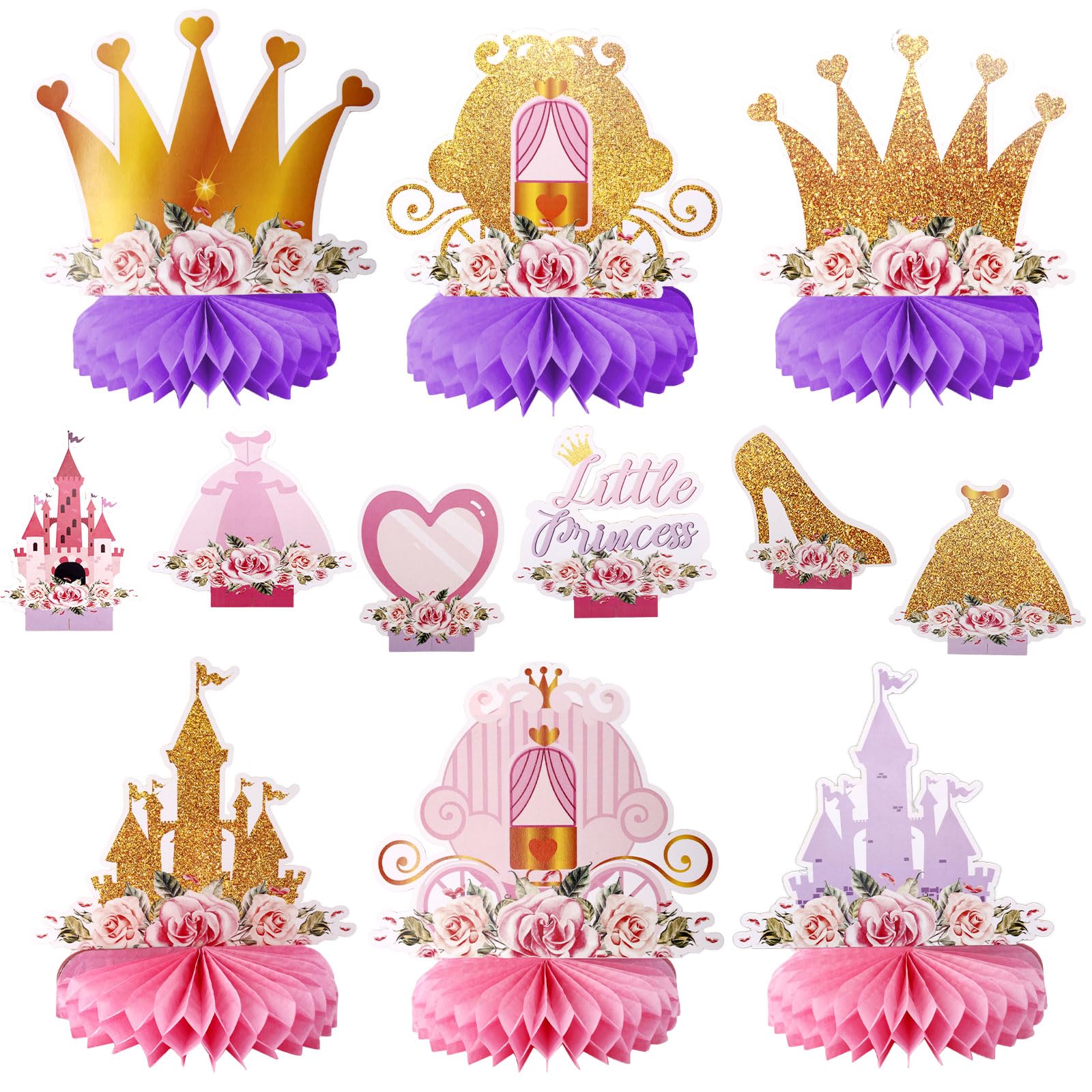 BOXOB 12pcs Princess Honeycomb Centerpieces, Floral Crown Castle High Heels Carriage Centerpieces Table Toppers Perfect Decorations Favors Supplies for Birthday Themed Parties