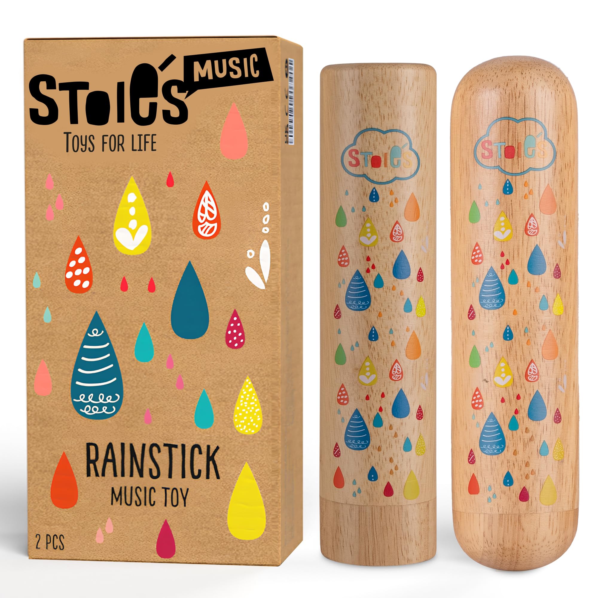 Stoie's Wooden RainStick Instrument for kids, Support Music Exploration, Coordination and Rhythm Baby Toy, Soothing Sound for Sensory Play, Durable Rainmaker of Kid-Friendly Size, 2 Pack