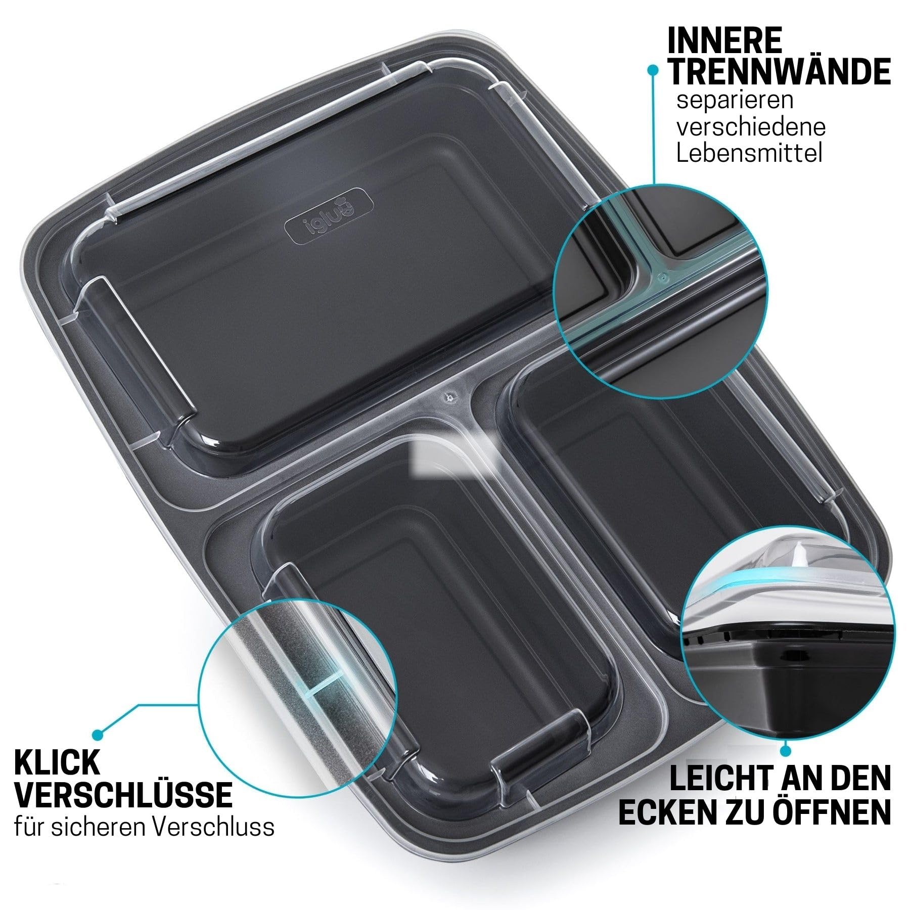 Igluu Meal Prep Boxen mit Deckel (10er-Pack) - wiederverwendbar, mikrowellen-, gefrier-, spülmaschinengeeignet, stapelbar - 946ml Fassungsvermögen - 3 großes Fach - aus BPA-freiem Kunststoff 3