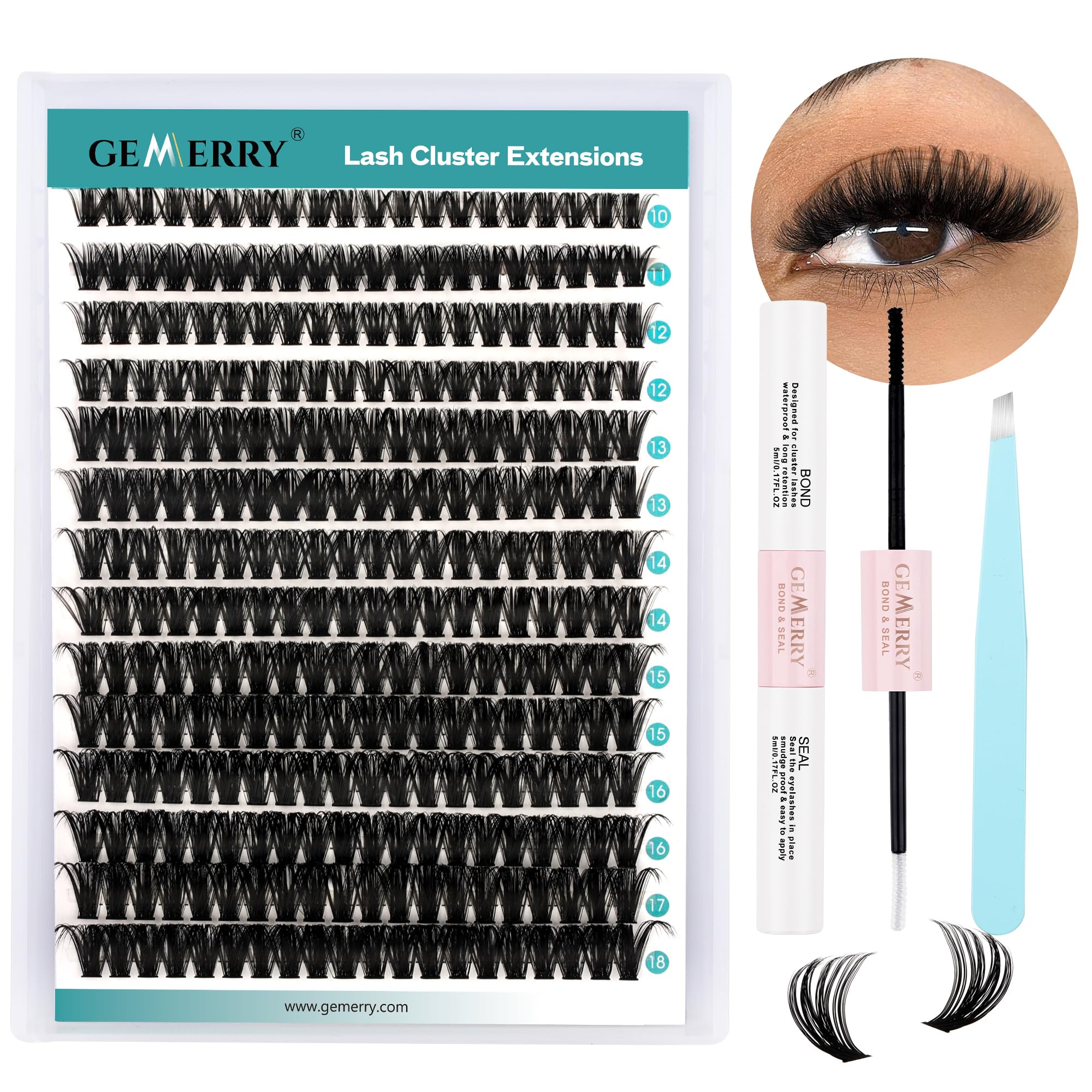 GEMERRY DIY Cluster Eyelash Extensions Kit with Lash Bond and Seal and Applicator for Beginners 280 PCS Individual Lash Cluster Kit 0.07D 10-18 Mix, DIY at Home (60D-0.07D,10-18MIX-KIT)