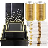 Goodluck 352 Piece Black Dinnerware Set for 50 Guests, Black Square Plastic Plates with Gold Trim, Include: 100 Plastic Plates, 50 Rolled Napkins, 50 Cups, 50 Cutlery Set and 2 Tablecloth