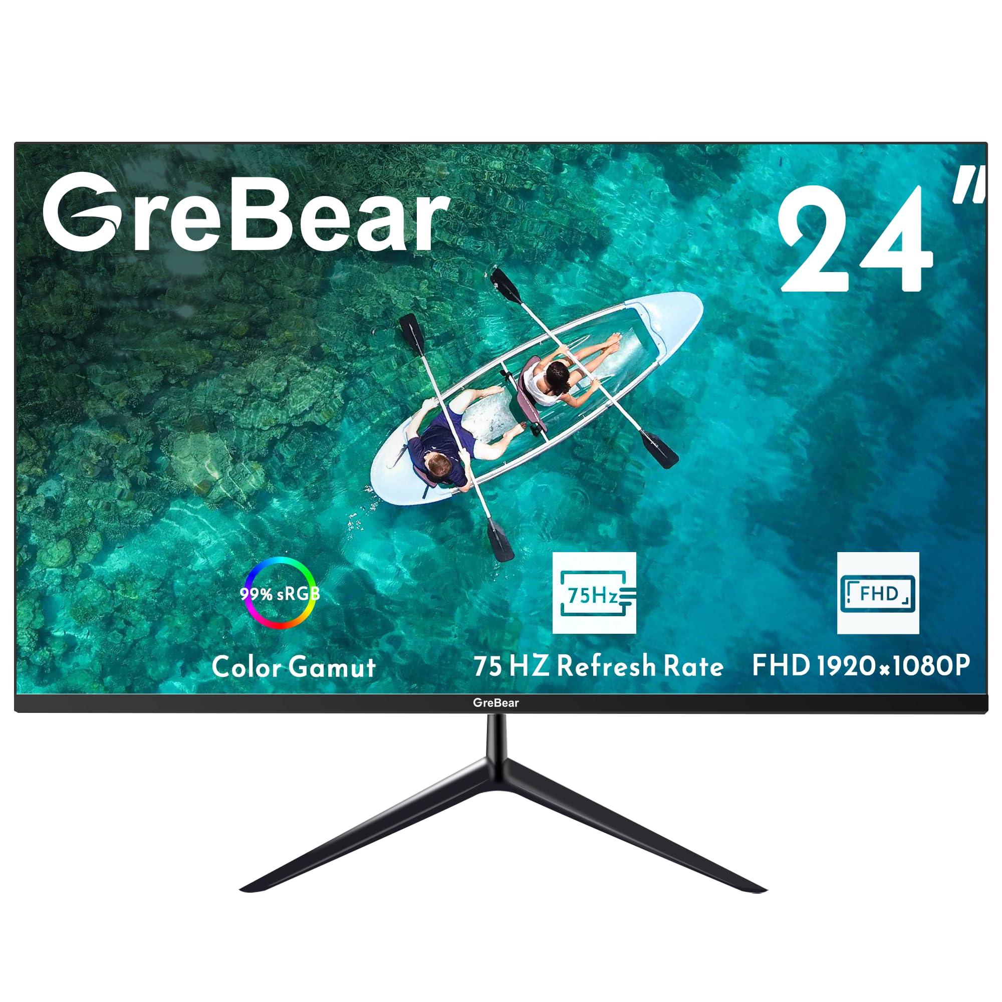 GreBear 24 Inch Computer Monitor, FHD 1080p PC Monitor 75hz Built in Speakers, 99% sRGB Low Blue Light Anti-Glare VA Screen Desktop Display w/HDMI/USB Type-C/Freesync Tilt Adjustable 75 x 75 mm VESA