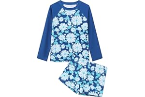 Ewbob 2 Piece Girls Rash Guard Set Long Sleeves Swimsuit Quick Dry Swimwear Beach Shorts Summer Bathing Suits for 3-12 Years