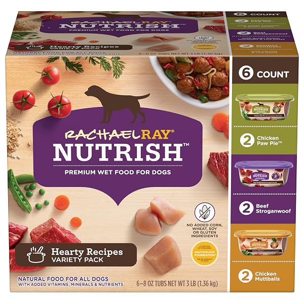 NUTRISH RACHAEL RAY WET DOG FOOD VARIETY PACK HEARTY RECIPES, 6-8 OZ. TUBS, 2 COUNT