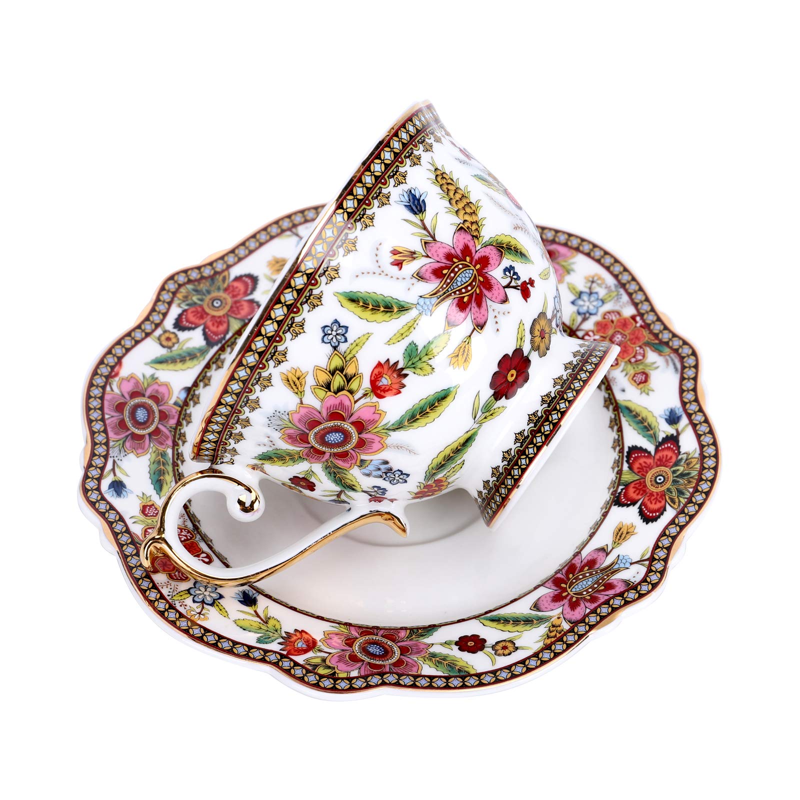fanquare Fine Bone China British Coffee Cup and Saucer Set, Red Floral Vintage Porcelain Tea Cup, 200ml