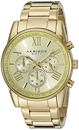 Akribos XXIV Mens AK865YG Round Yellow Gold Dial Chronograph Quartz Gold Tone Bracelet Watch