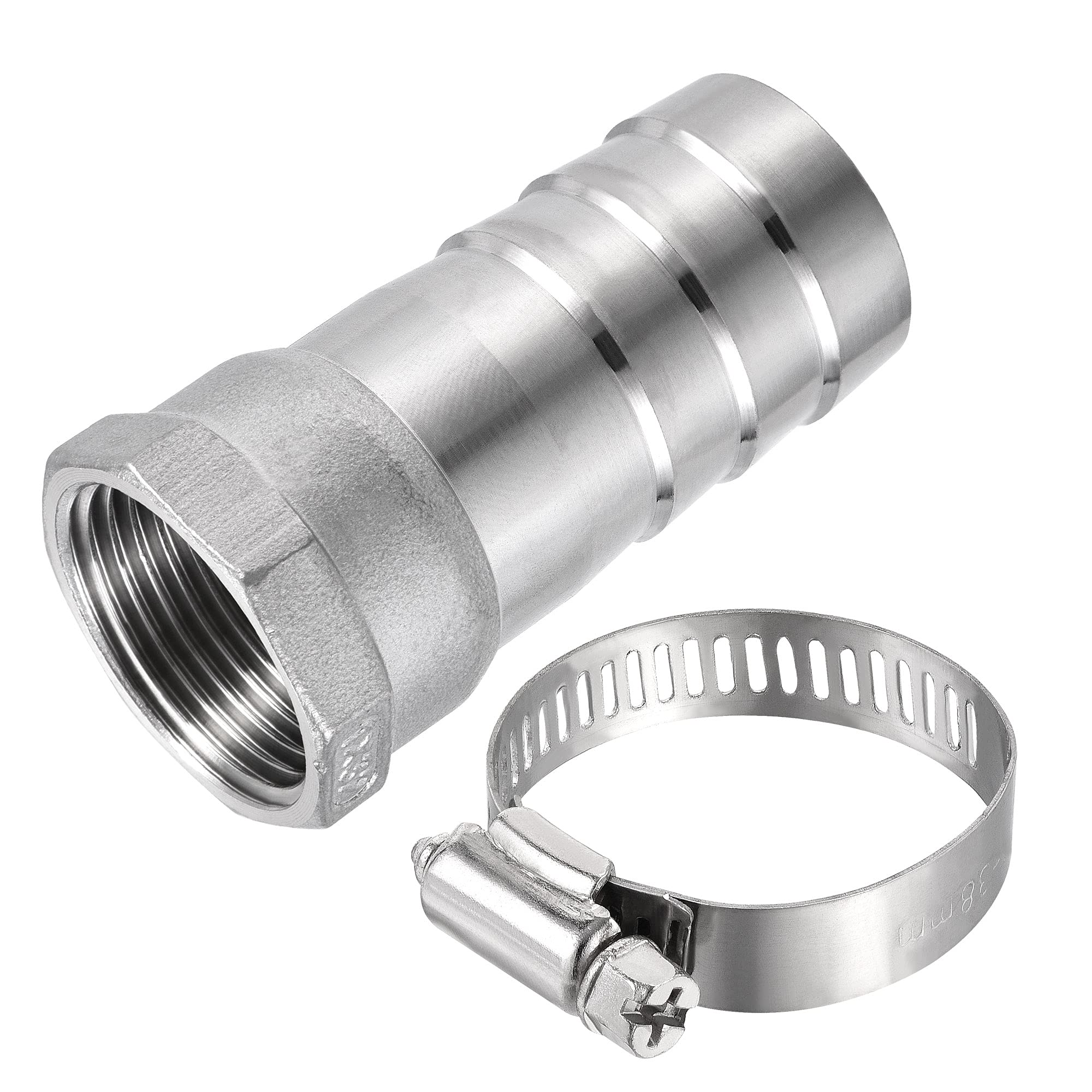 sourcing map 304 Stainless Steel Barb Hose Fitting Connector Adapter 32mm Barb x G1 Female Pipe with 25-38mm Hose Clamp