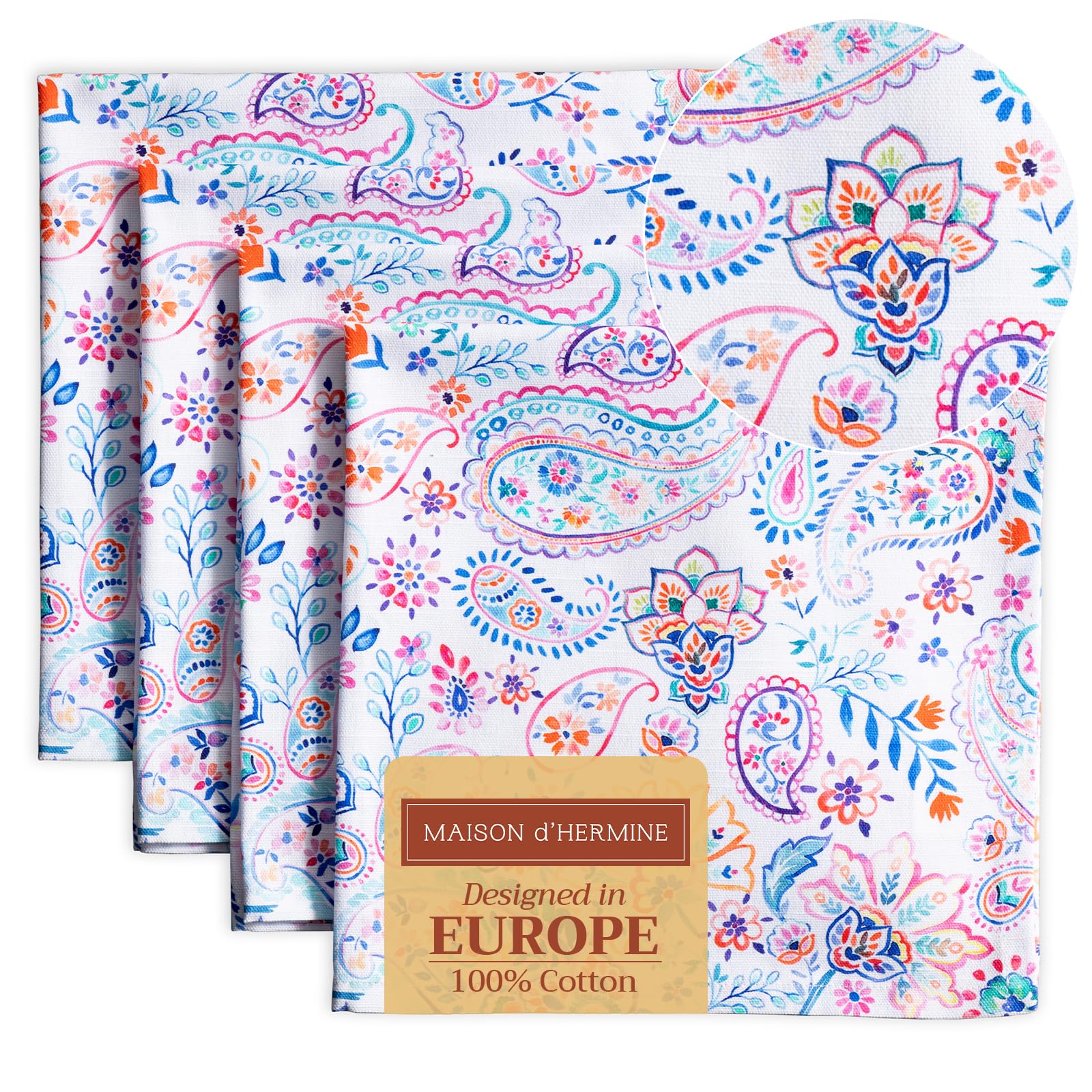 Maison d' Hermine Cloth Napkins Set of 4 100% Cotton Everyday Reusable Square Napkins Cloth Washable Dinner Party Wedding Restaurant Gifts for Mothers Day (Indian Floral, 45 CM x 45 CM)