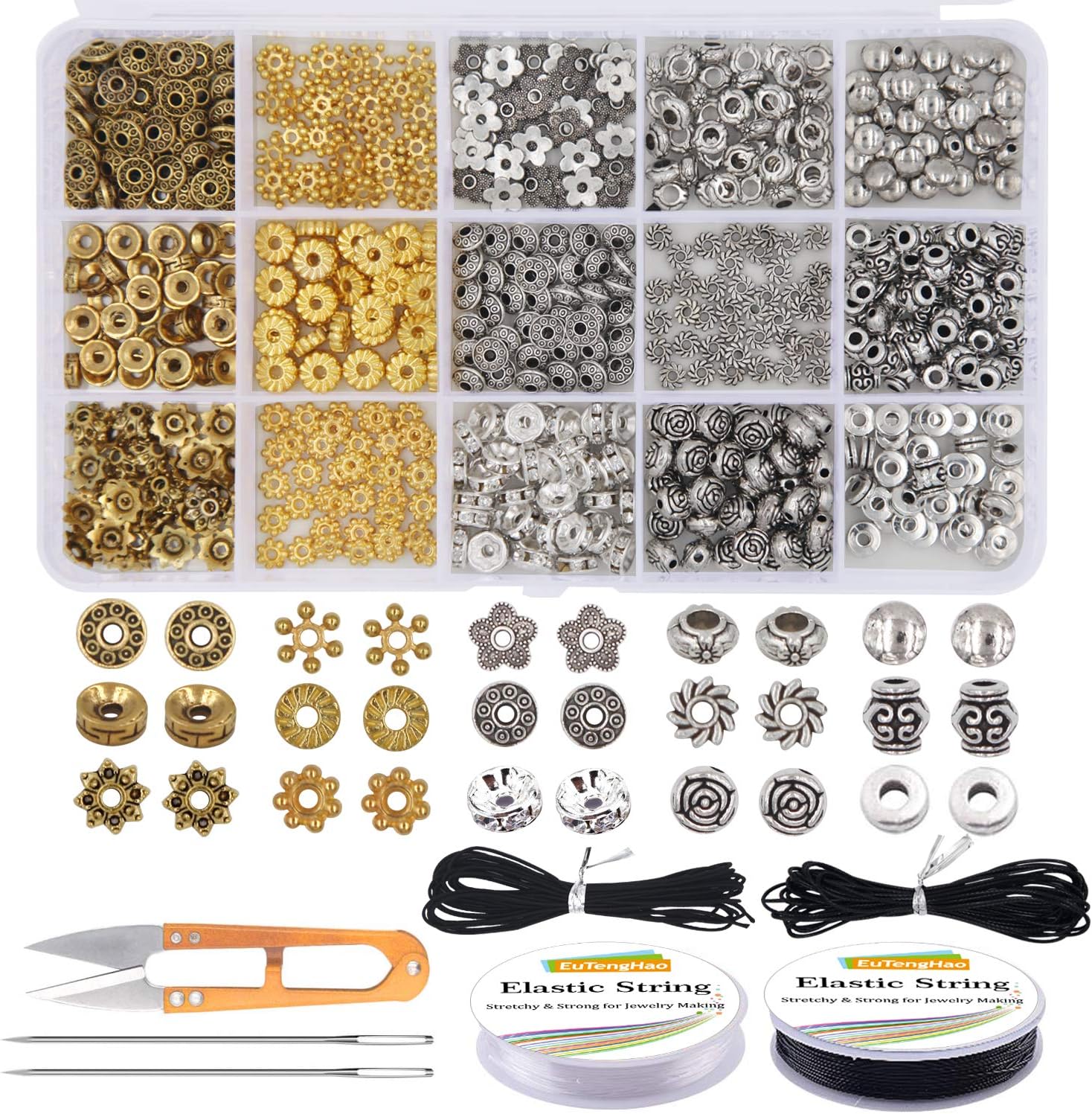 EuTengHao 607Pcs Spacer Beads 15 Style Metal Jewelry Bead Charm Spacers Kit