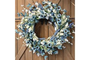 Bibelot 24 Inch Spring Wreath Blue with Green Leaves Wreaths Blue Daisy Artificial Grains White Flower Wreath for Front Door Wreaths,Farmhouse Decor Indoor&Outdoor Wedding Wall Home Decor