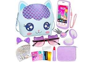 OISACIRG Toddler Play Purse for Little Girls, 30PCS Kids Purse with Pretend Play Princess Toys Includes Crossbody Bag, Phone, Wallet, Cat Sunglasses, Hair Clip, Kids Toy Birthday Gift Toy for Girls 3 4 5 6+