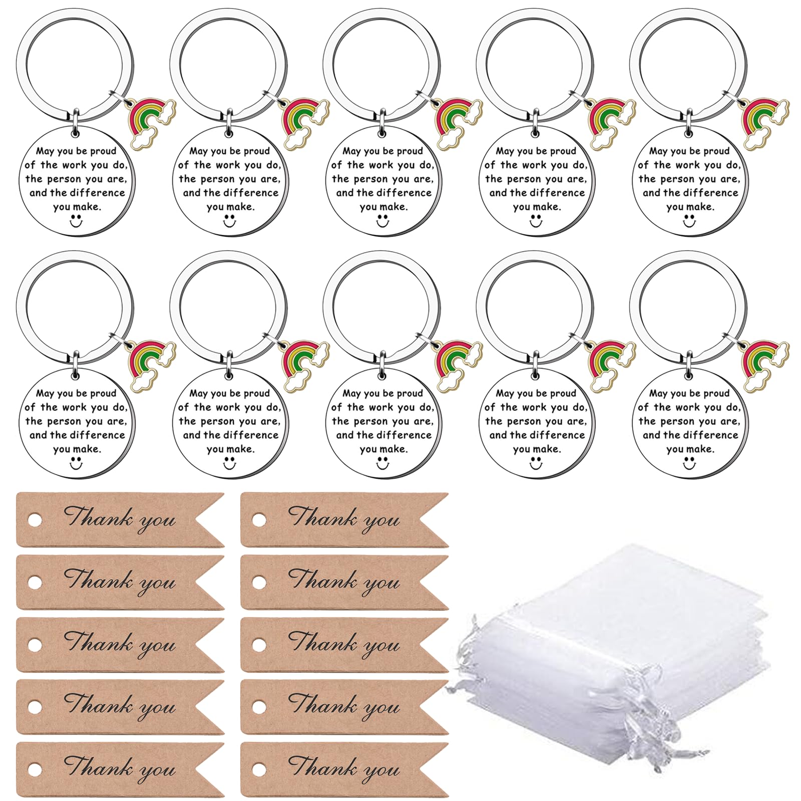 YOYIAG 30pcs Thank You Gift Keyrings & Appreciation Gifts for Colleagues, Employee, Mentor, Doctor, Nurse & Social Worker - White Organza Bags