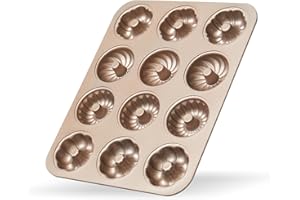 Fulimax 𝐃𝐨𝐧𝐮𝐭 𝐌𝐨𝐥𝐝 𝐂𝐚𝐤𝐞 𝐏𝐚𝐧 for Oven Baking, 3 * 4 Gold Cavity Non-Stick Pattern Doughnut Bakeware Tray
