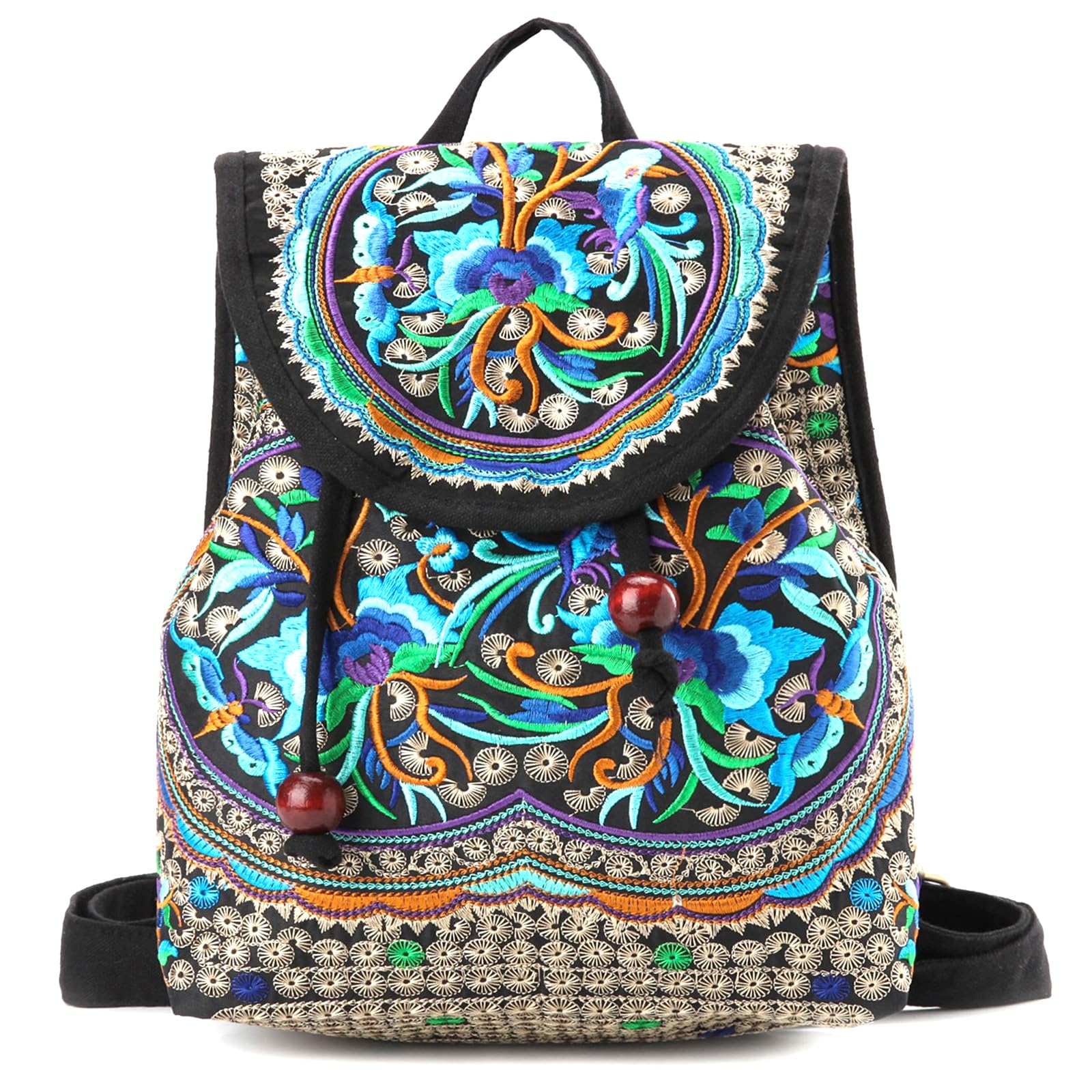 Goodhan Vintage Embroidered Women Backpack Ethnic Travel Handbag Shoulder Bag, A02: Blue Flowers - Medium, 12x10x5 inch