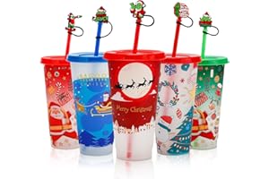 Ainibar Christmas Color-Changing Cups 5-Pack – 24oz Reusable Plastic Tumblers with Lids, Straws & 5 Straw Covers for Merry Xmas, Holiday Parties & Secret Santa Gifts