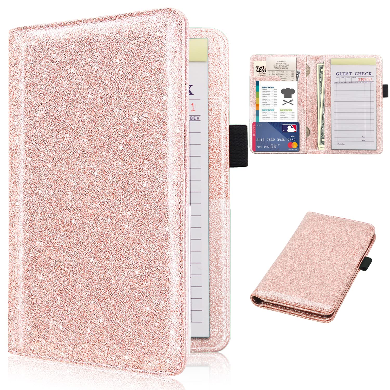 Server Book,RSAquar Deluxe Stylish Server Wallet for Restaurant Waiter Waitress Waitstaff (2020 Edition), Guest Check Book Holder Money Pocket Fit Server Apron, Rose Gold Glitter