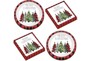 CHUNNIN 50Pcs Christmas Buffalo Plaid Tree Paper Plates and Napkins Red and Black Gingham Table Decoration Merry Christmas Disposable Party Tableware Set Serves 25 Guest Winter Xmas Holiday Party Supplies