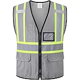 HATAUNKI Reflective Safety Vest for Men Women Hi Vis Vest with Pockets High Visibility Vest Mesh Construction Vests Meets ANSI/ISEA Standards (Grey-33, Large)