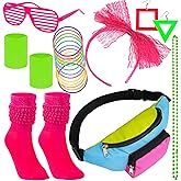 YAROMO 80s Costume Accessories, 80's Fanny Pack Glasses Hairband Fishnet Gloves Bracelet Earrings Necklace Socks for Women