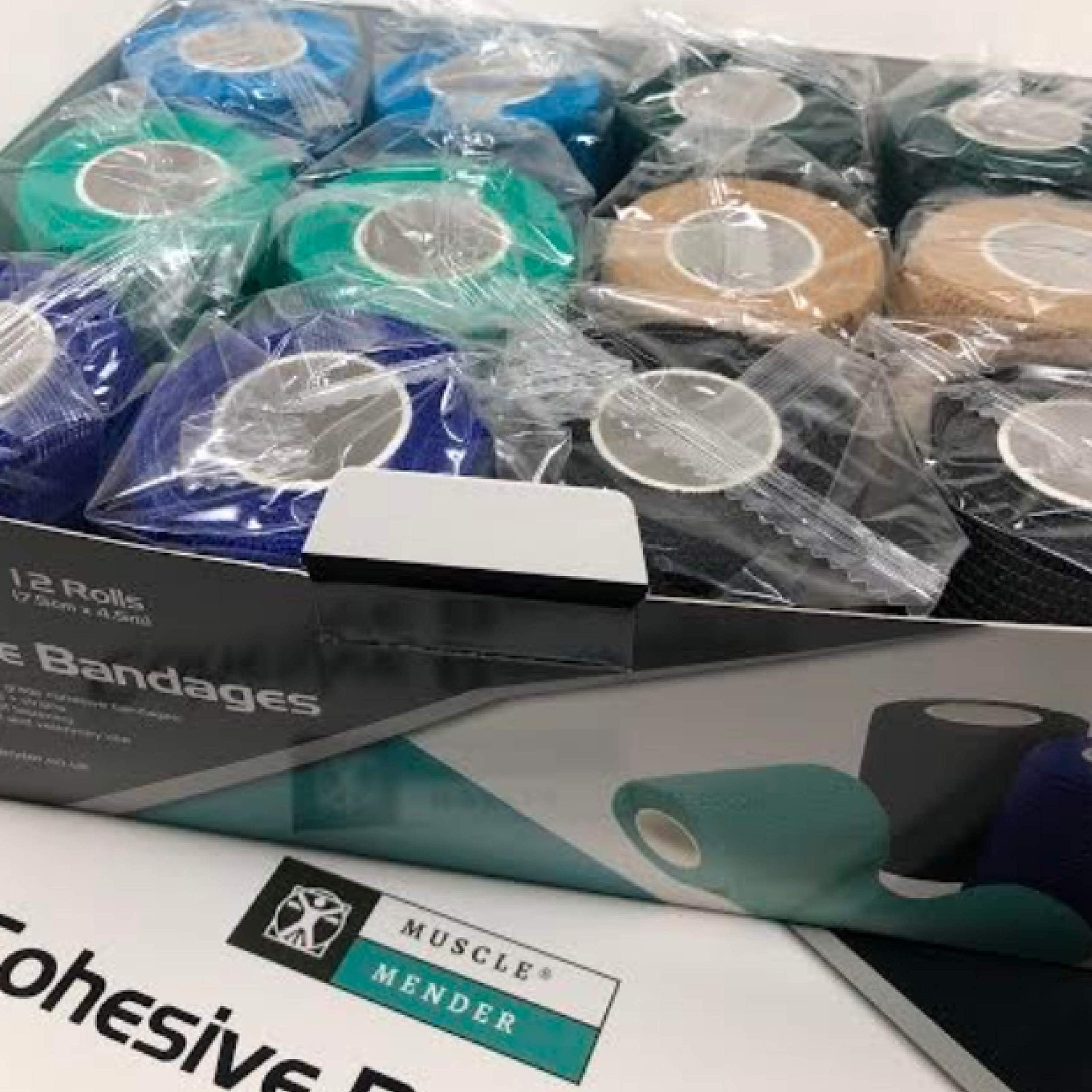 Flexible Cohesive Bandage by Muscle Mender | 12 Rolls with 6 Mixed Colours | Each Sports Wrap Tape Roll Measures 7.5cm x 4.5m Long | Latex | Super Self Adhesive and Pain Free Removal