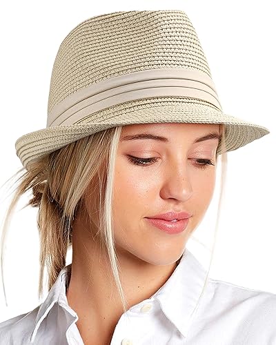 Lvaiz Womens Straw Fedora Hats Short Brim Beach Sun Trilby Hat for