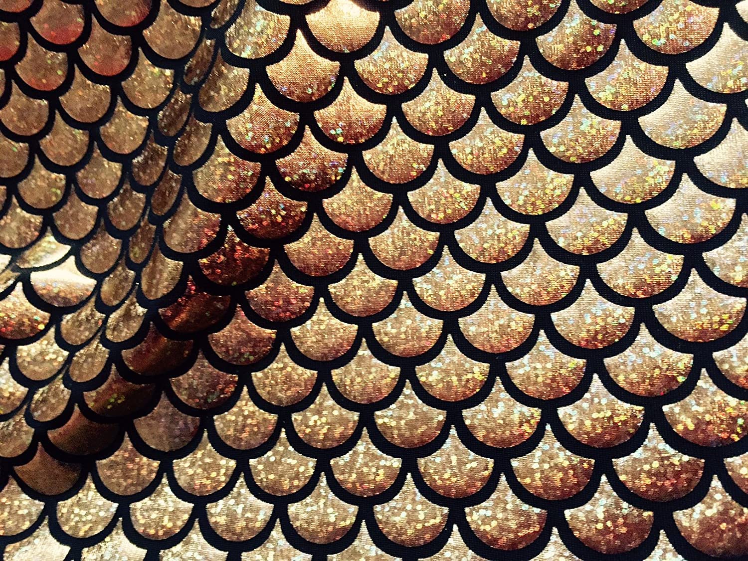 LushFabric Mermaid Scale Print Fabric Fish Tale Scales Foil - 2 Way Stretch Material Lycra Spandex - Bikini, Costume, Dress, Decor - 145CM Wide (1 METRE, Gold)