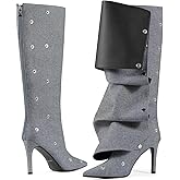 Lunhonk Women's Knee High Shark Boots Pointed Toe High Heels Ruched Stiletto Slouchy Party Boots Detachable Snap-off Panel
