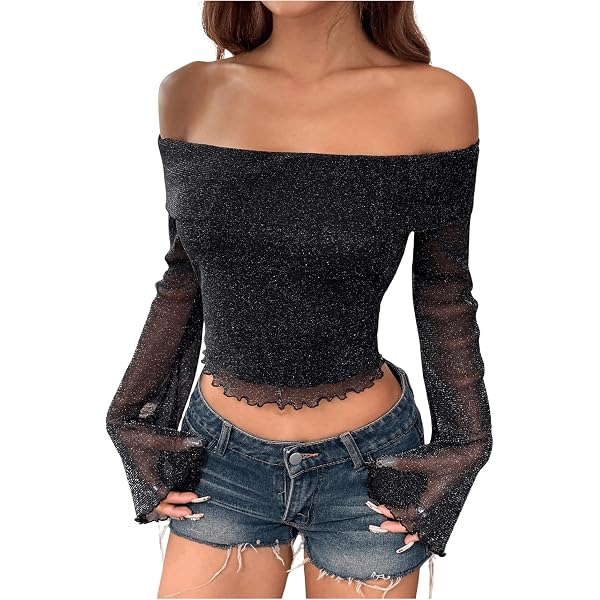 MakeMeChic Women's Floral Mesh Crop Top – Long Sleeve Square Neck Ruched Tee - View #5