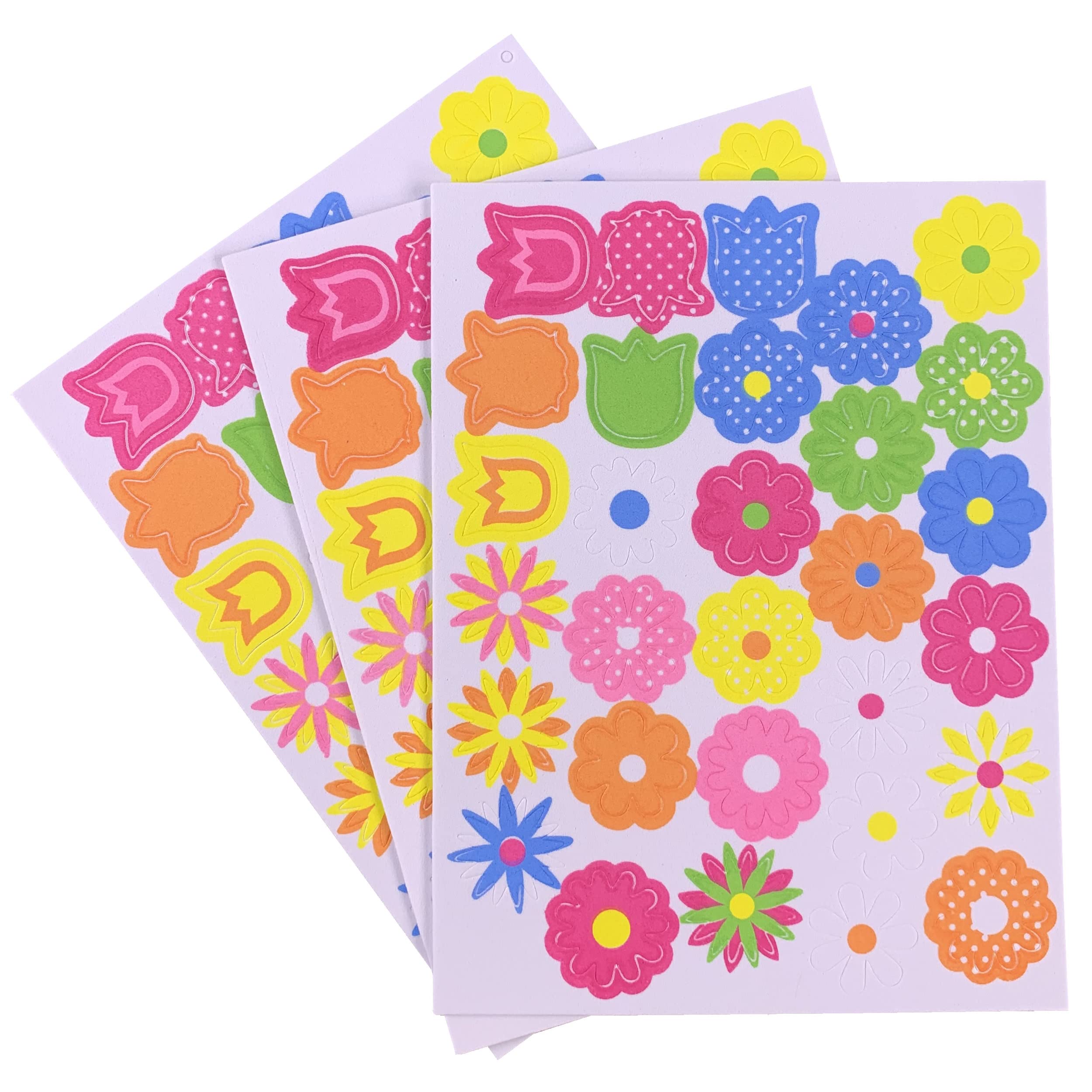 3D Foam Flower Stickers for Scrapbooking, Valentines, Easter, Mothers Day, Scrapbook Stickers for Children, 3X Kids Stickers Sheets 90 Foam Stickers for Girls & Boys.