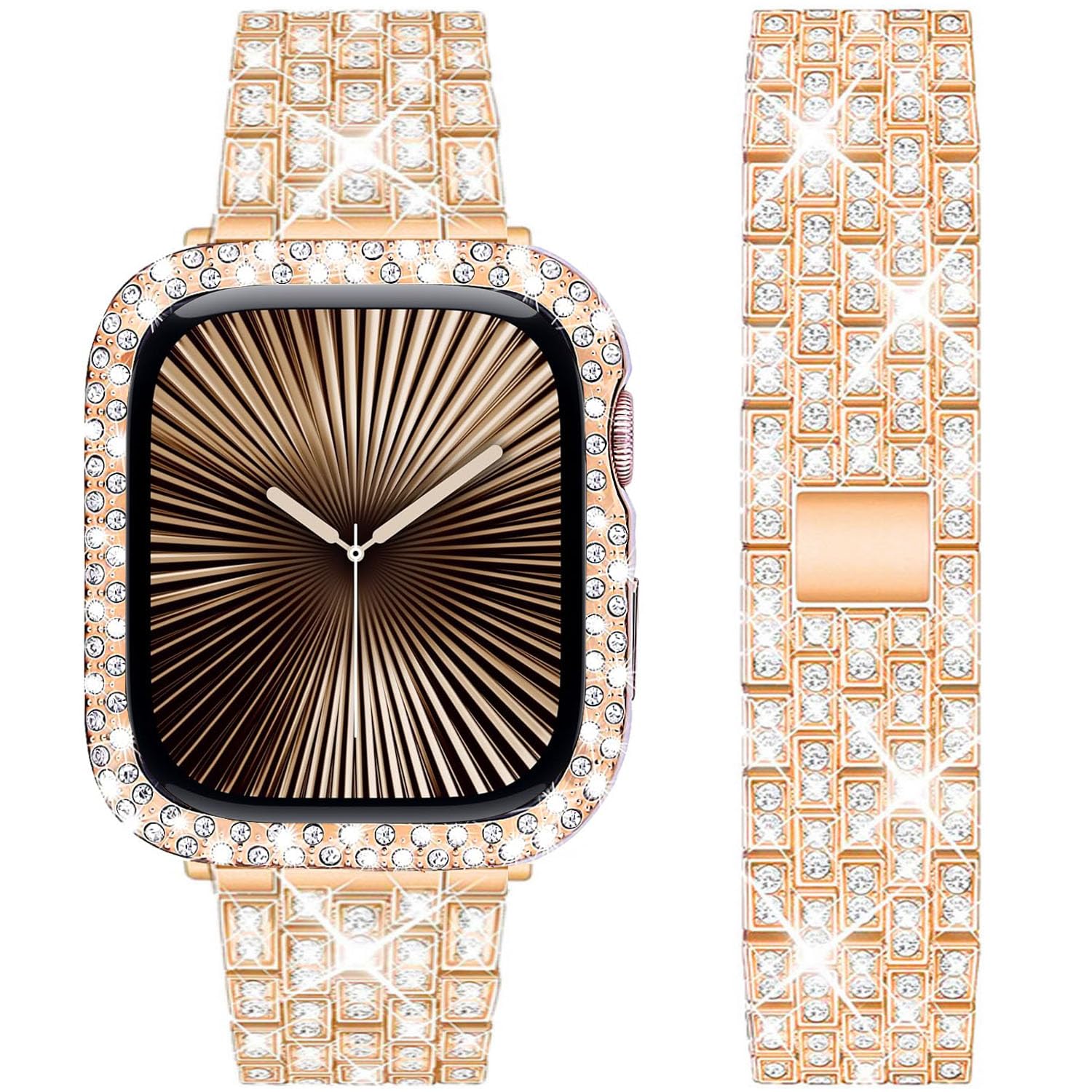 DEALELE Starp and Case Compatible with Apple Watch Series 10 46mm, Bling Rhinestone Diamond Metal Bracelet with Protective Case Cover Replacement for iWatch 10 46mm Women Men (46mm, Rose gold)