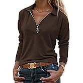 Halife Women's Collared Long Sleeve Shirts Business Casual Dressy Blouse Shirt Tunic Half Zip V Neck Work Tops Blouses