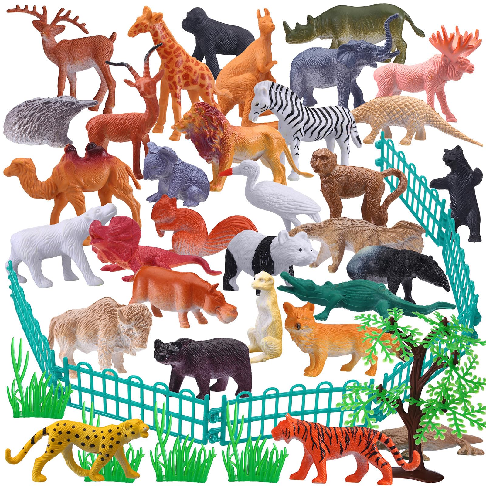 53Pcs Mini Safari Animal Figures Set, Plastic Educational Forest Animal Toys for Boys Girls Kids Toddlers, Realistic Zoo Toy with 32 Mini Animals, 1 Tree, 4 Grass, 16 Fences for Kids Aged 3+
