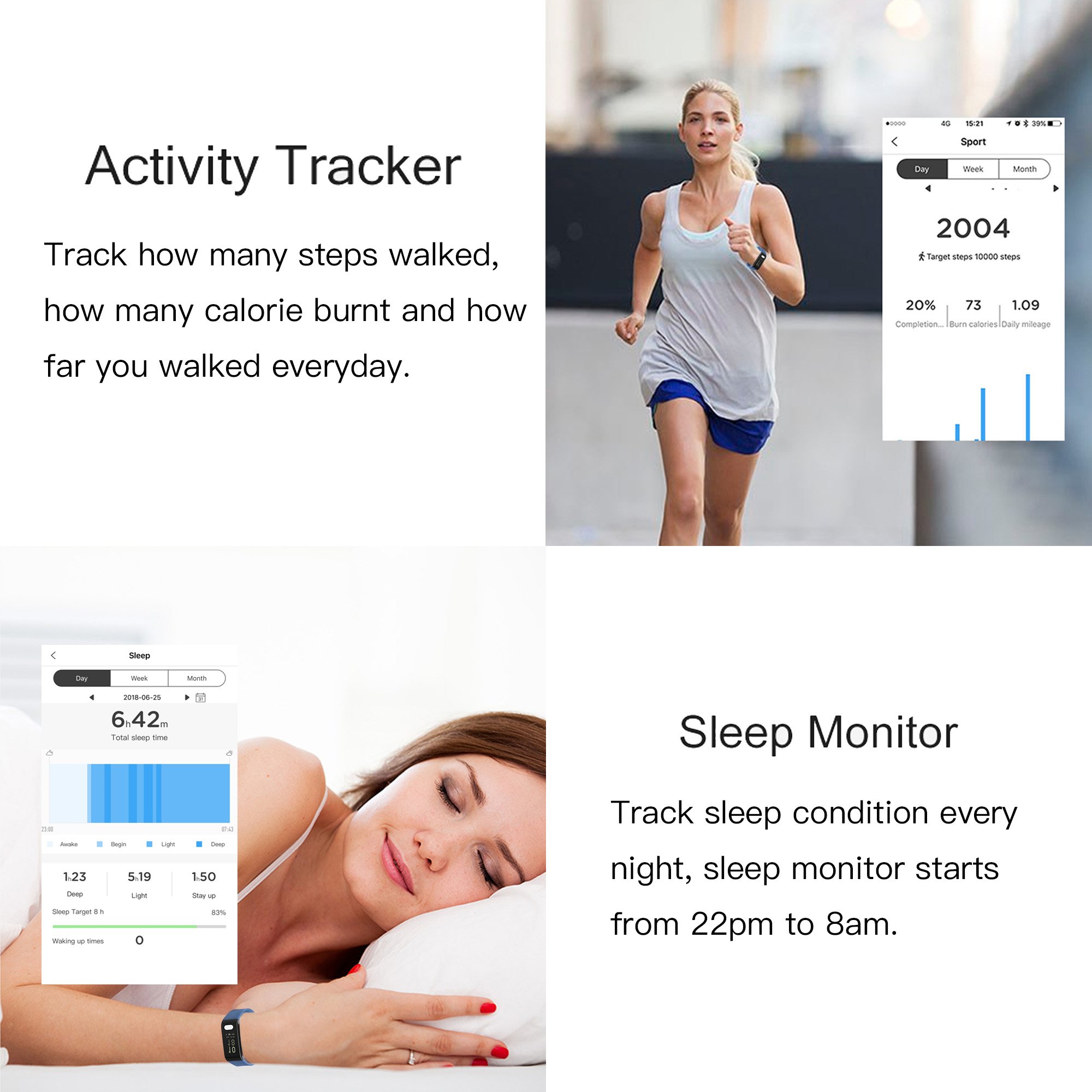 Fitplus Fitness Tracker with Heart Rate Monitor,Waterproof Fitness Watch,Smart Band,Pedometer Activity Tracker,Smart Bracelet with Blood Pressure Monitor,Sleep Monitor,Step Calorie Distance Counter