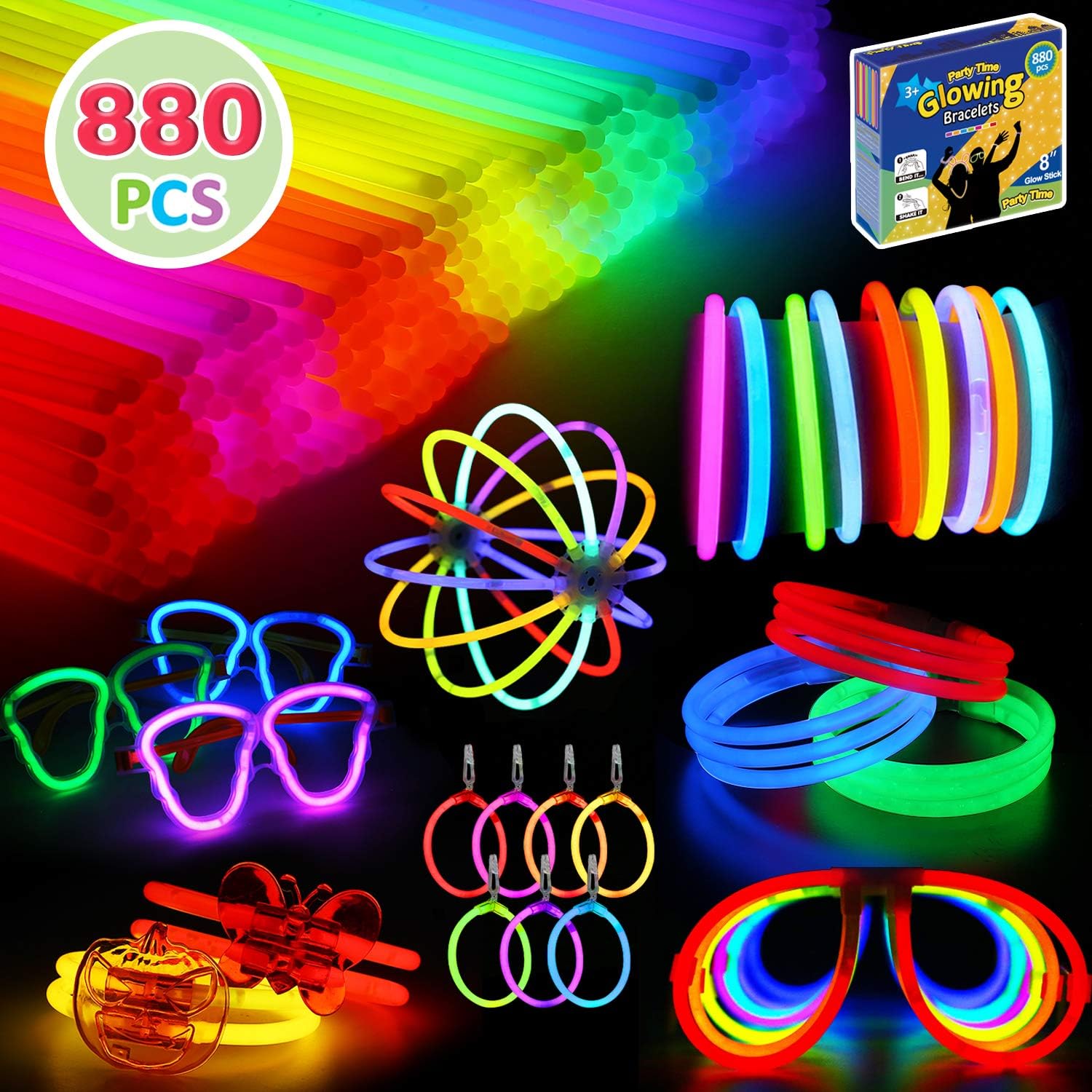 880 Pcs Glow in the Dark Party Favors -Includes Glow Sticks Bulk(7 Colors) and Connectors to Create Balls, Flowers, Glasses, Bracelets, Necklaces, Earring and More -for Kids and Adults Party Supplies