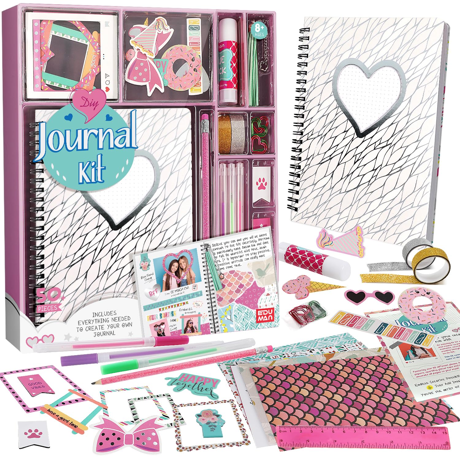 EDUMAN DIY Journal Kit for Girls Ages 8-12- Birthday Gifts for Girls, Diary Gifts Toys, Cute Arts & Crafts Kits, Kids Scrapbook Kits & Diary Supplies Stationary Set, Scrapbooking Kits (White)