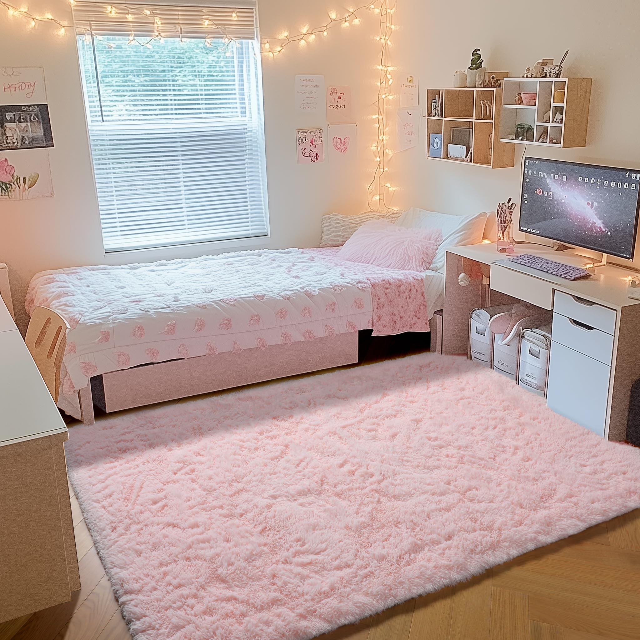 Photo 1 of ONASAR Pink Rugs for Bedroom Girls, Fluffy 4x6 Soft Plush Fuzzy Shaggy Kids Area Rug, Washable Cute Indoor Floor Carpet for Teen Boys Dorm Nursery Bedside Home Living Room Decor Aesthetic