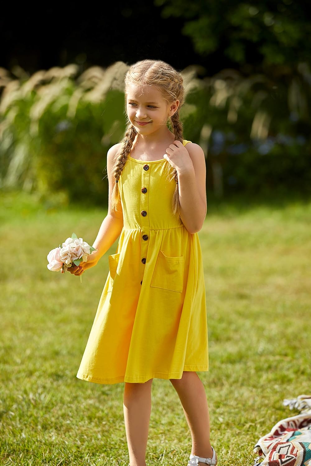 Arshiner Girl's Summer Sundress Spaghetti Strap Button Down Midi Dress with Pockets: Clothing