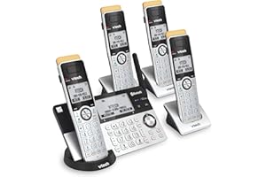 VTech IS8151-4 Super Long Range 4 Handset Cordless Phone for Home with Answering Machine, 2300 ft Range, Call Blocking, Bluetooth, Headset Jack, Power Backup, Expandable to 12 HS, Silver/Black