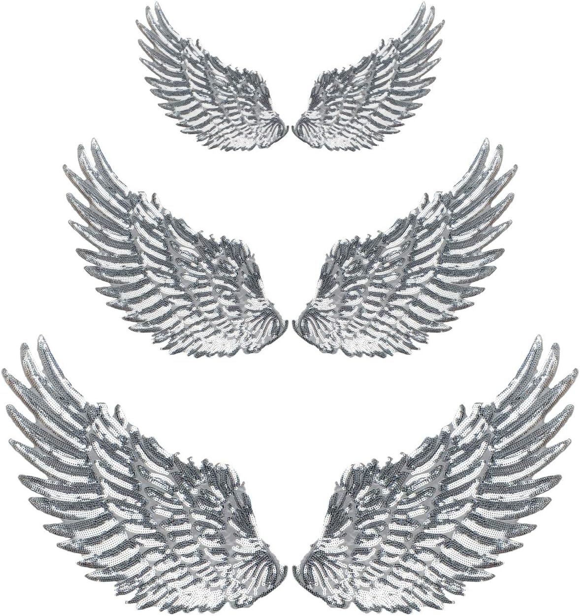 Calculs 3 Pair Sequin Patches Angel Wings Iron On Patches DIY Sequined Applique Wings Multi-Sized Silver