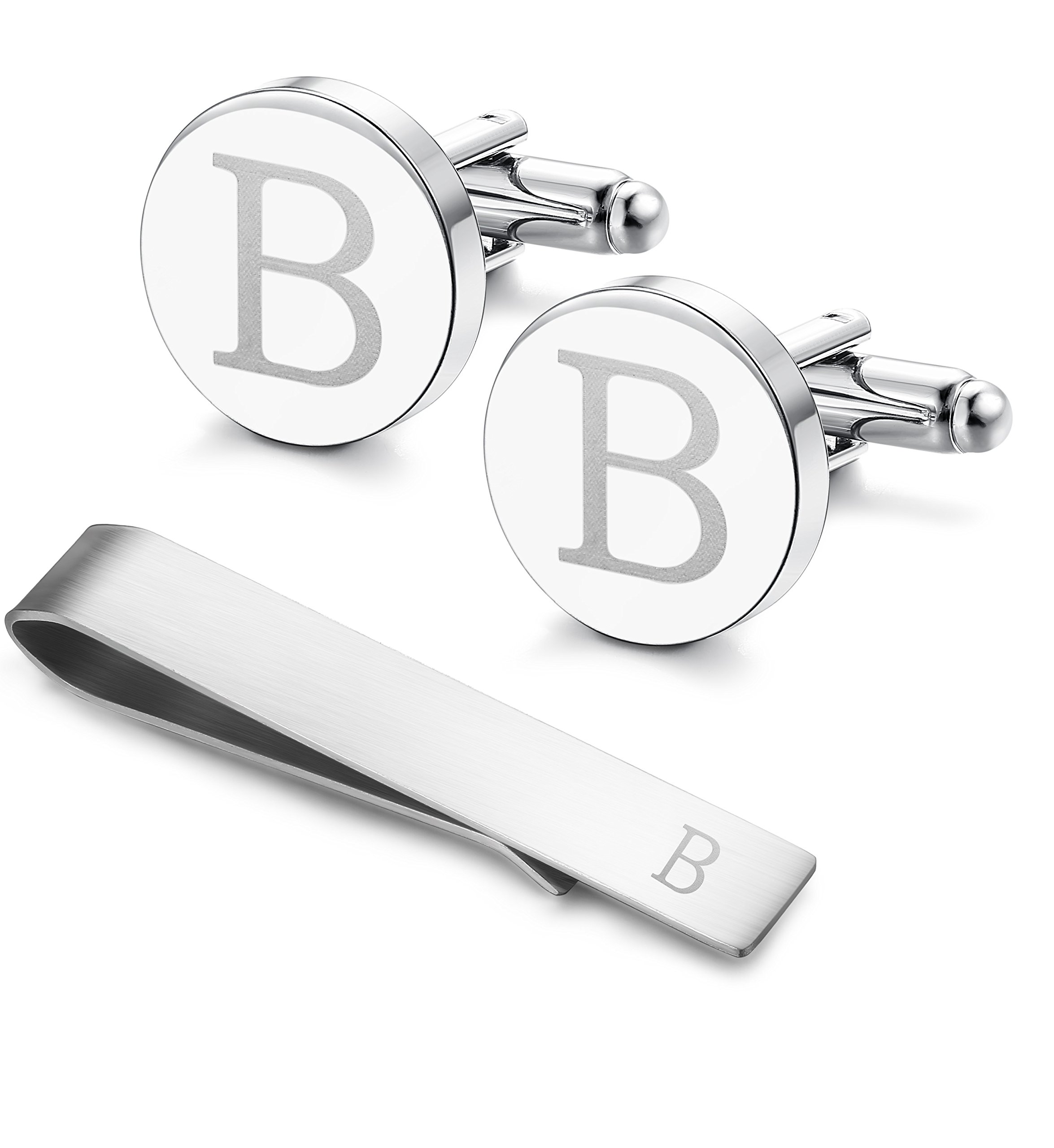 LOYALLOOK Stainless Steel Engraved Initial Cufflinks and Tie Clip Bar Set Alphabet Letter With Gift Box A-Z, stainless steel